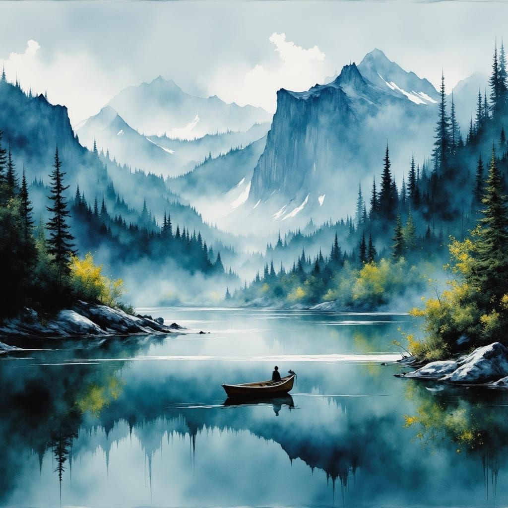 Mountain Lake with Boats in Scenic Landscape