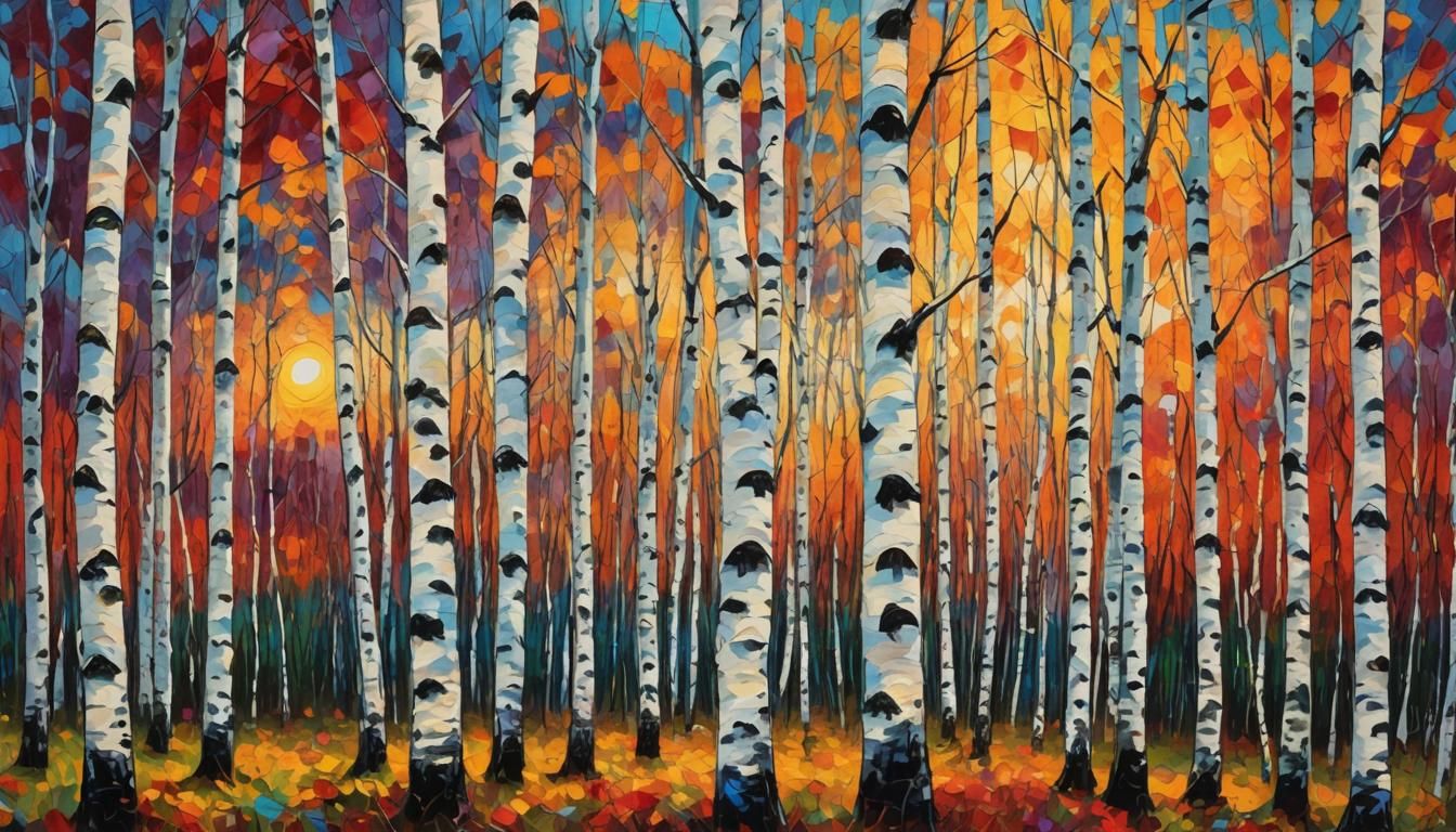 Impressionistic Sunset Over Birch Forest