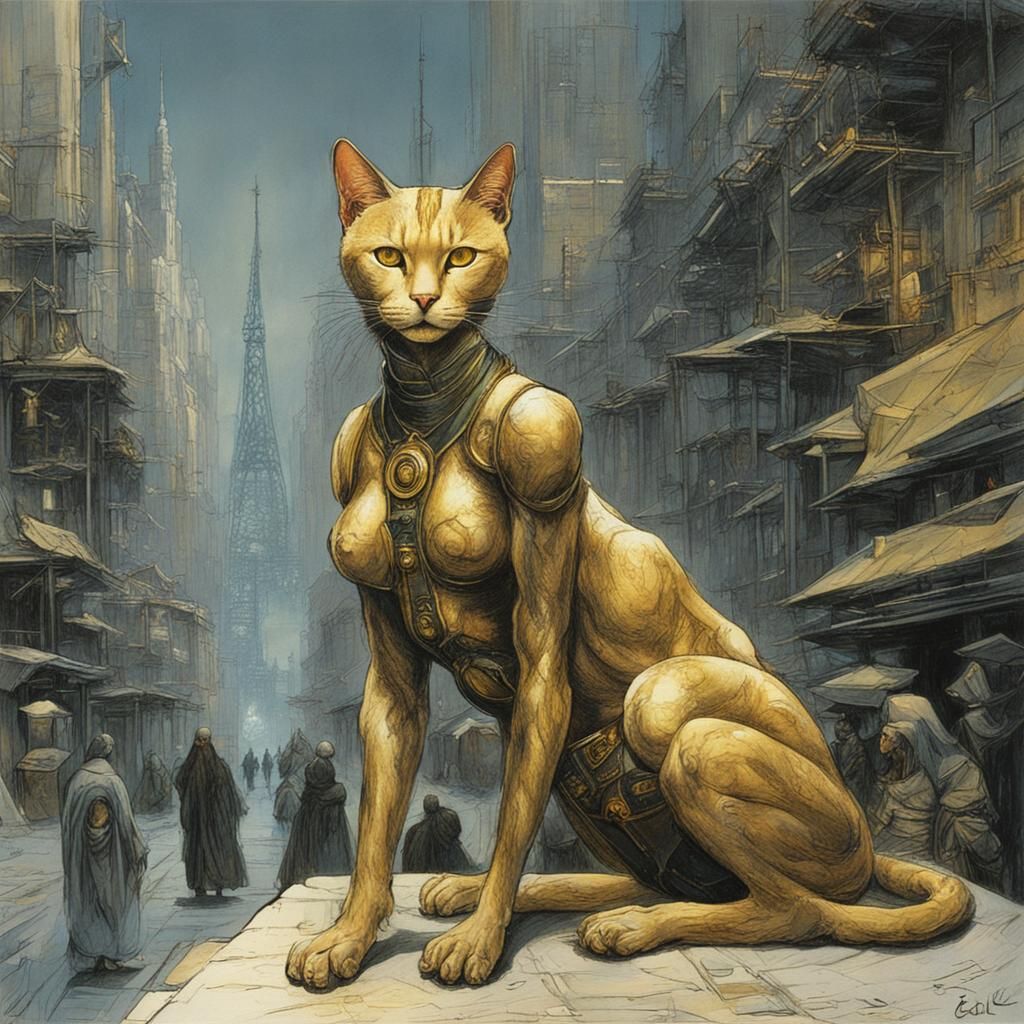 Golden Cat Goddess in Dark Futuristic City