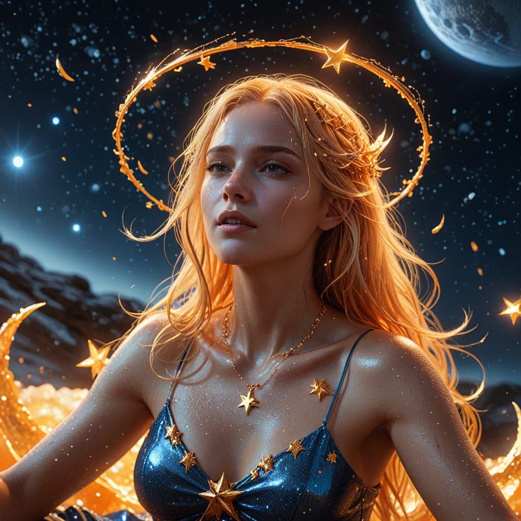 Golden Woman on Melting Moon Throwing Stars