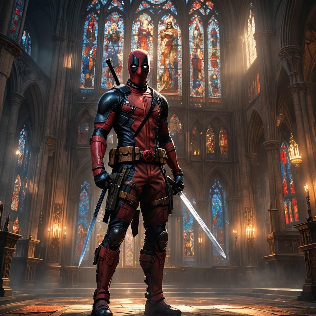 Heroic Deadpool in Gothic Cathedral: Dark Fantasy Art