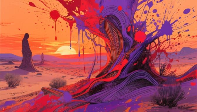 Desert Sunset in Mixed Media Illustration