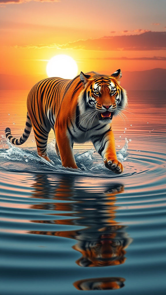 Bengal Tiger Walks on Water at Sunset