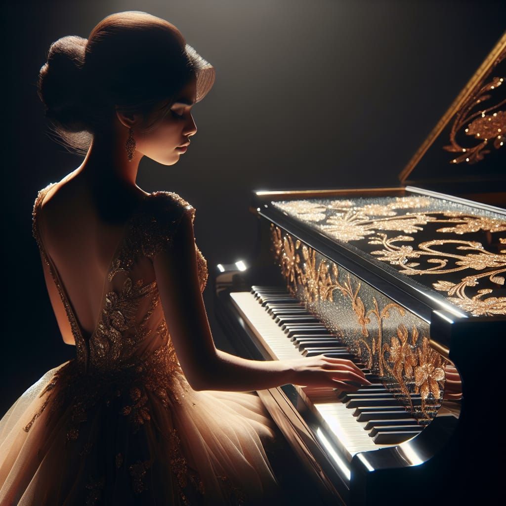 A Disney Pixar style 3D beautiful woman in a fancy gown with an updo, playing a grand piano made of glass with a flower ...