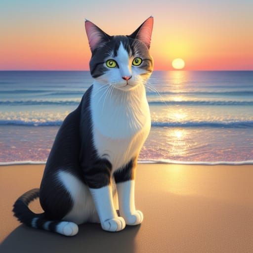Low-Poly Cat Basks in Vibrant Sunset Glow