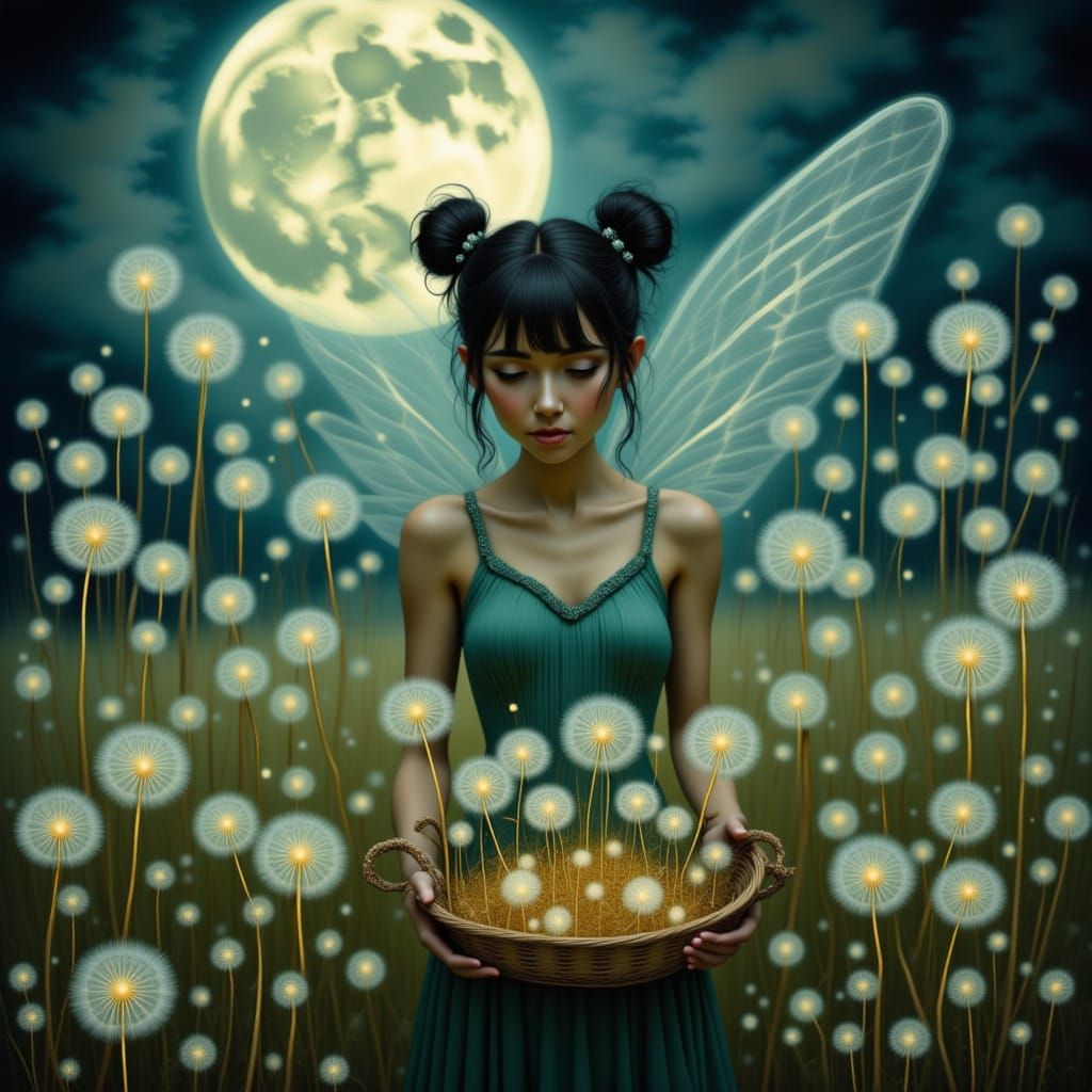 Glowing Dandelion Fairies Under a Full Moon