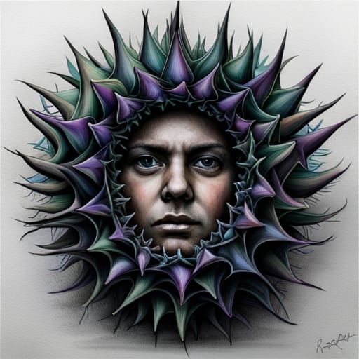 Rainbow Roses Portrait with Thorns, Detailed Digital Art