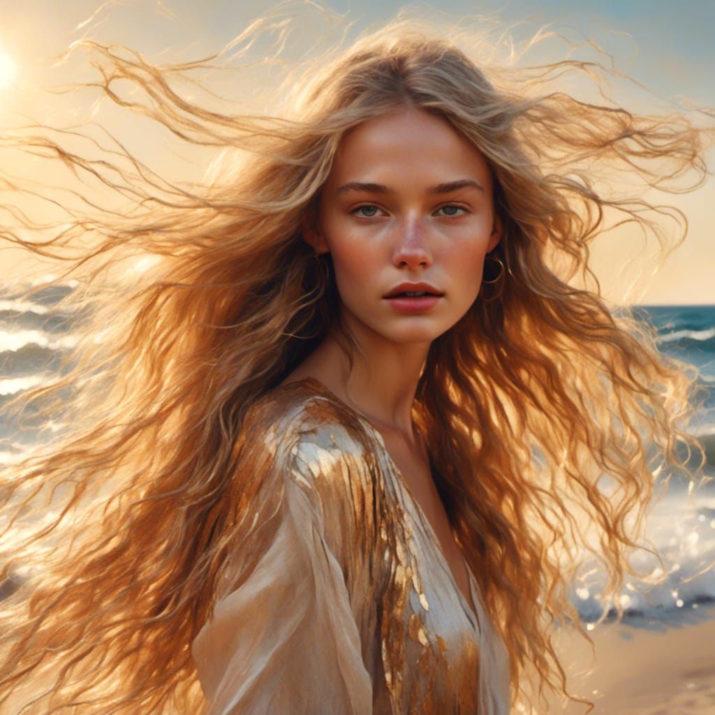 Blonde Woman on Beach in Impressionist Style