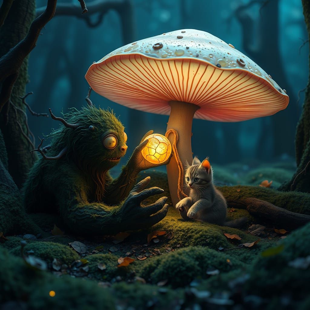 Gentle Moss Giant Offers Glowing Seed to Frightened Kitten