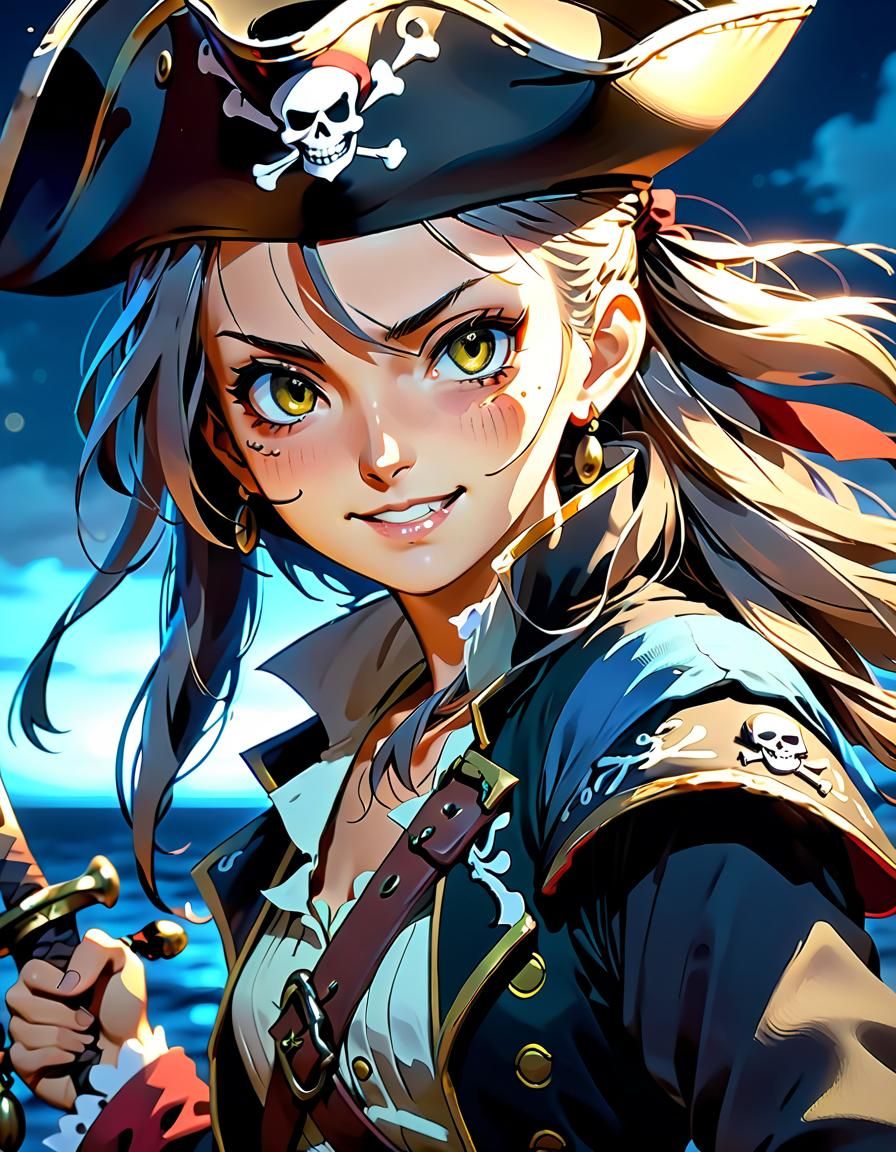 Pirate Captain Portrait at Night in Anime Style