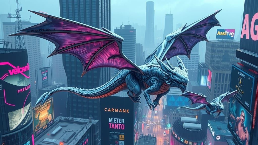 Cyberpunk Dragon Soaring Through Futuristic Cityscape