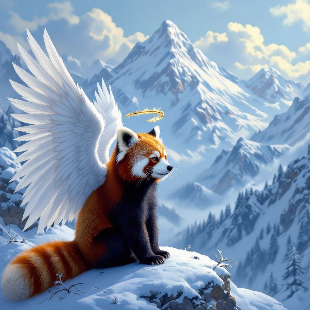 Angelic Red Panda with Golden Halo in Snowy Mountains