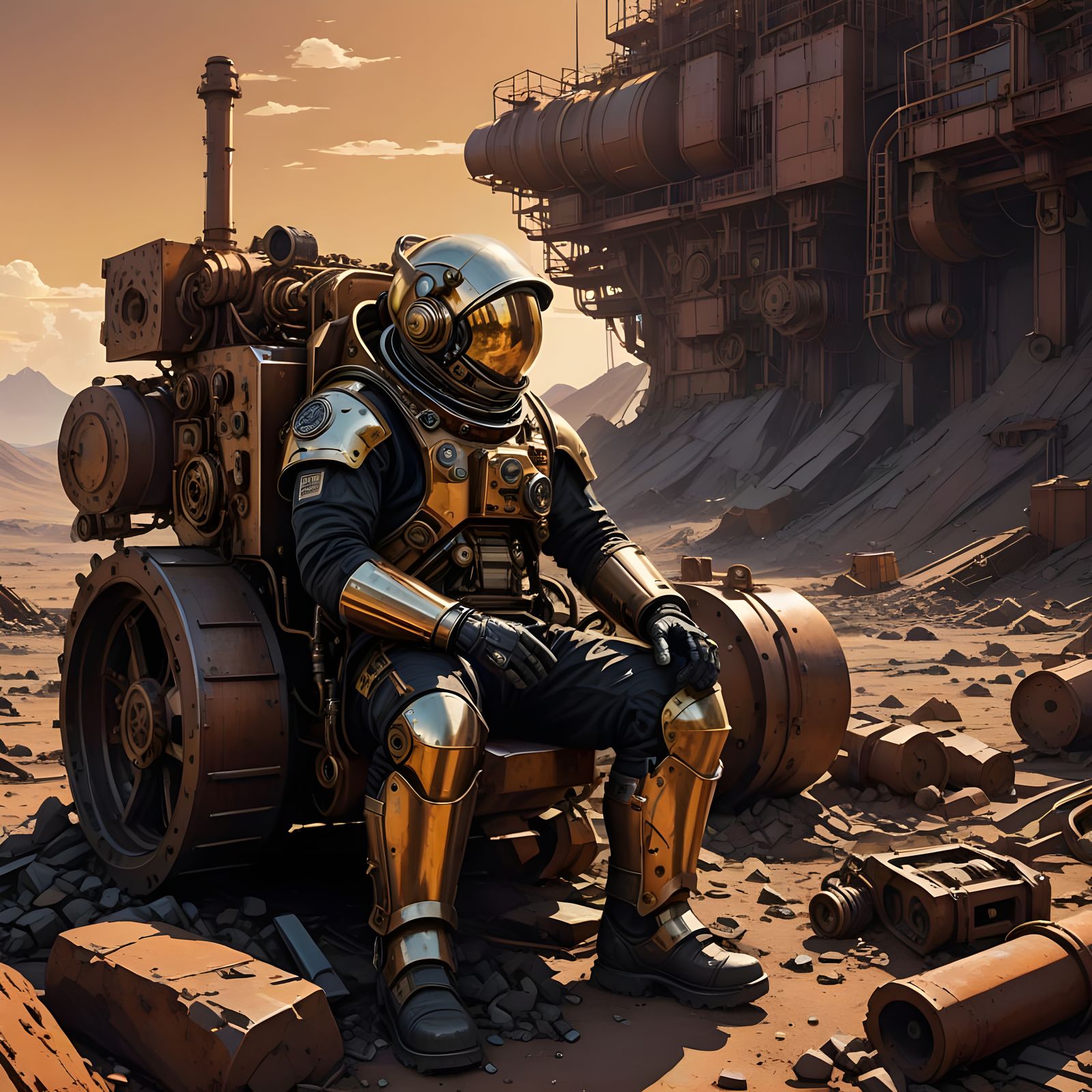 Steampunk Space Miner Takes a Break on Barren Planet