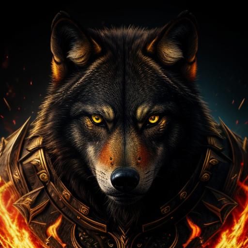 Armored Black Wolf with Fiery Eyes