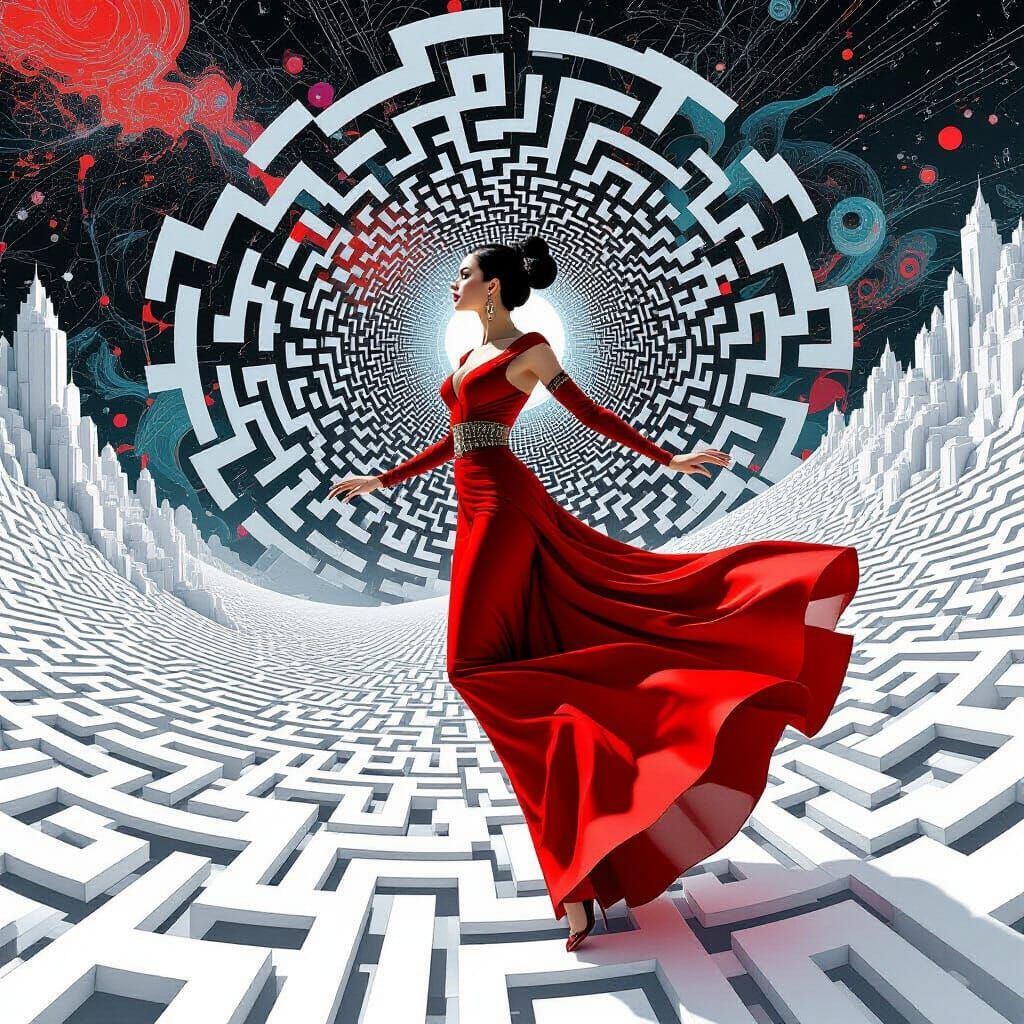 Woman Flying in Surreal Abstract Art Deco Landscape