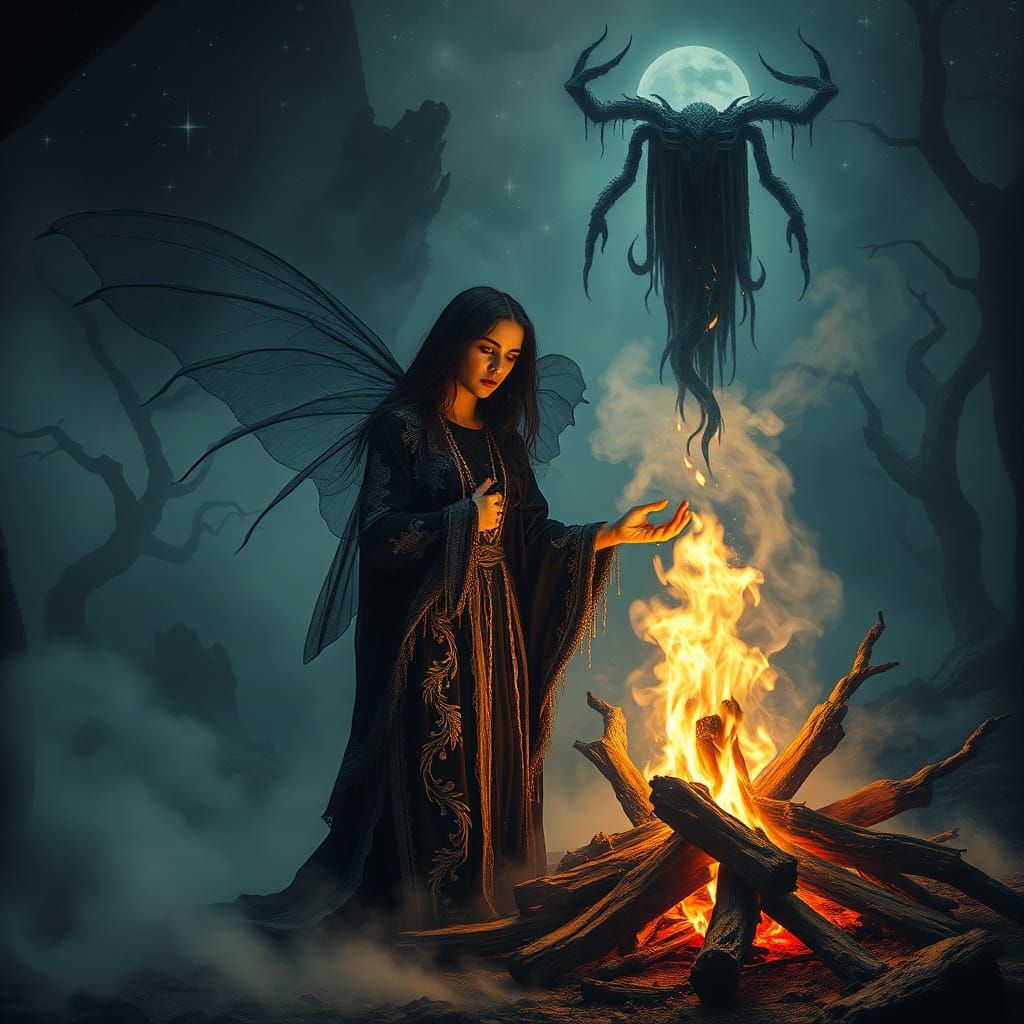 Gothic Fairy Shaman Exorcism in Dreamlike Landscape