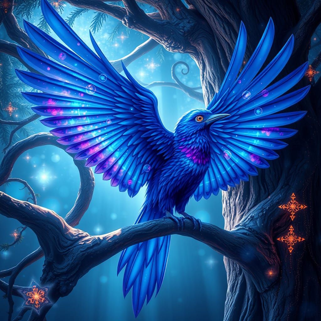 Iridescent Galaxy Bird in Glowing Tree
