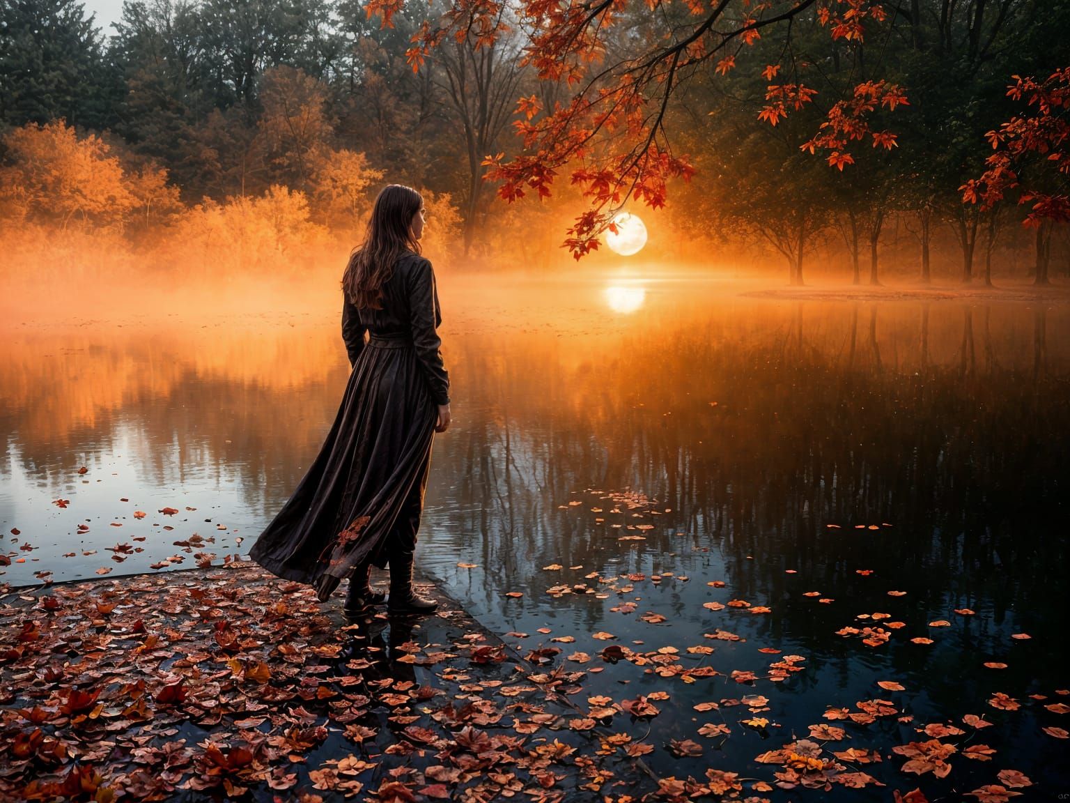 Autumn Leaves Fall Into Pond at Sunrise
