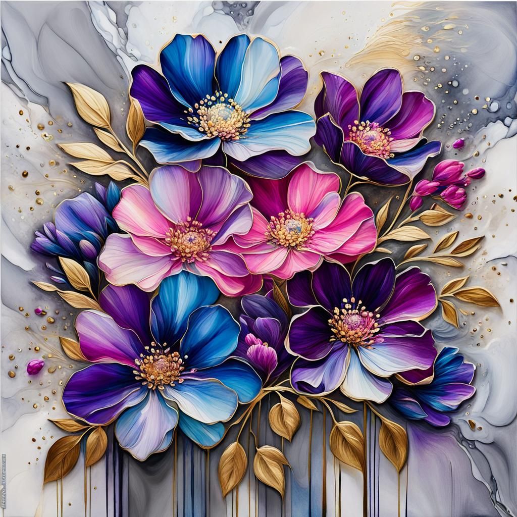 Blue, Purple, and Pink Floral Art on Marble