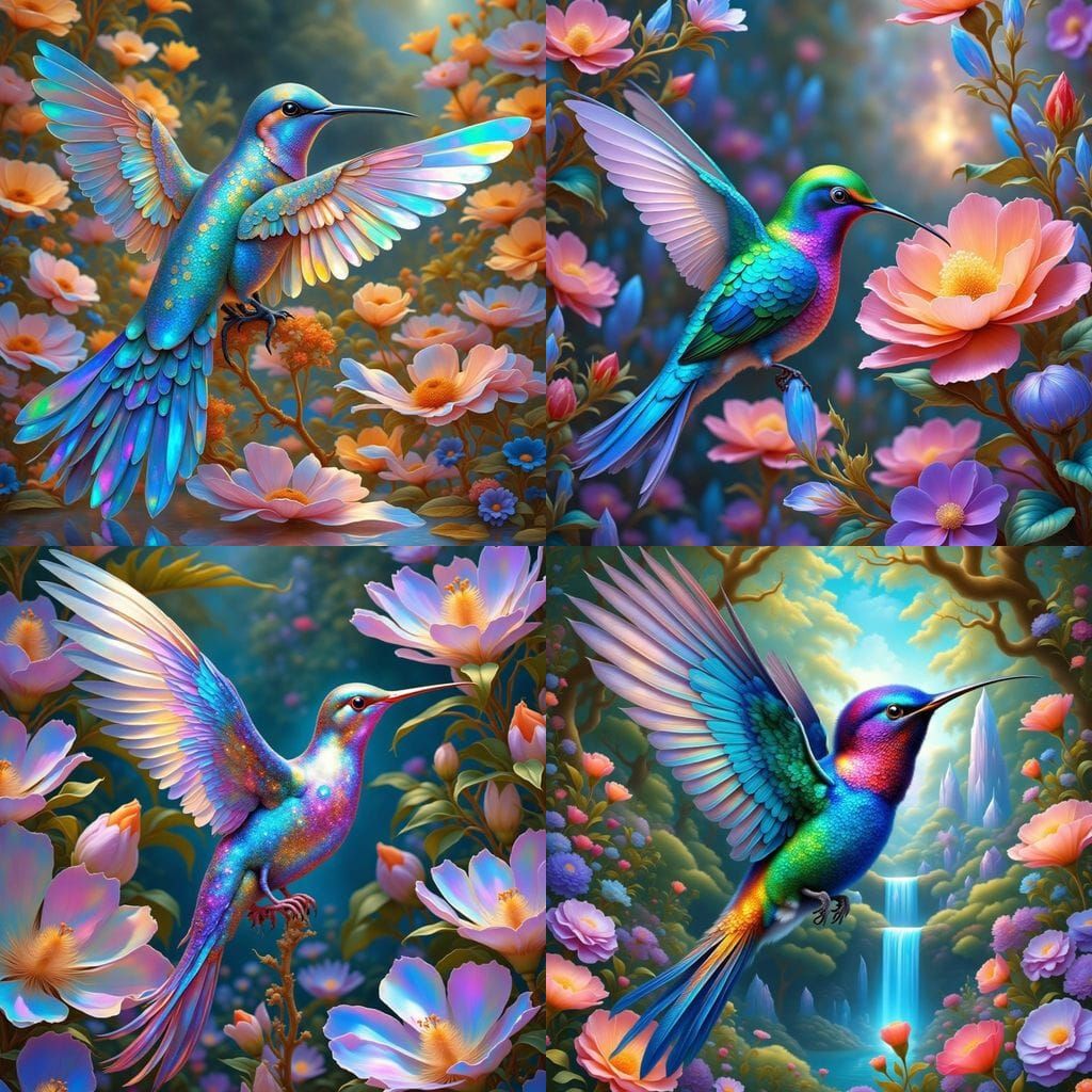 Surreal Crystal Forest Hummingbird in Shimmering Metallic Hu...