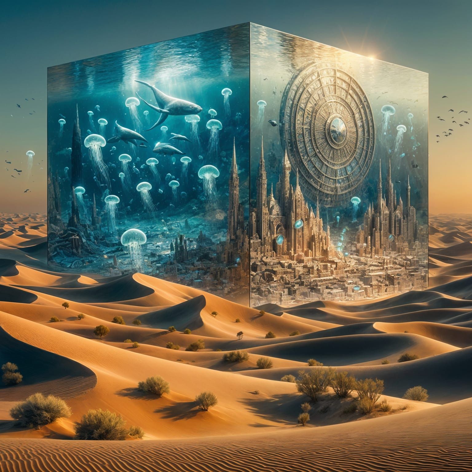 Desert Monolith Reflecting Underwater City