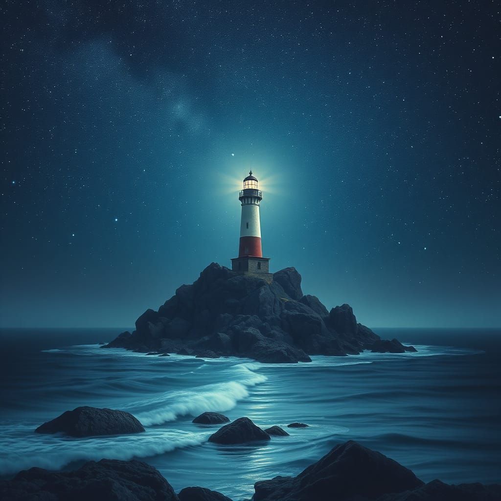 Lighthouse Under Starry Sky, Ethereal Digital Art