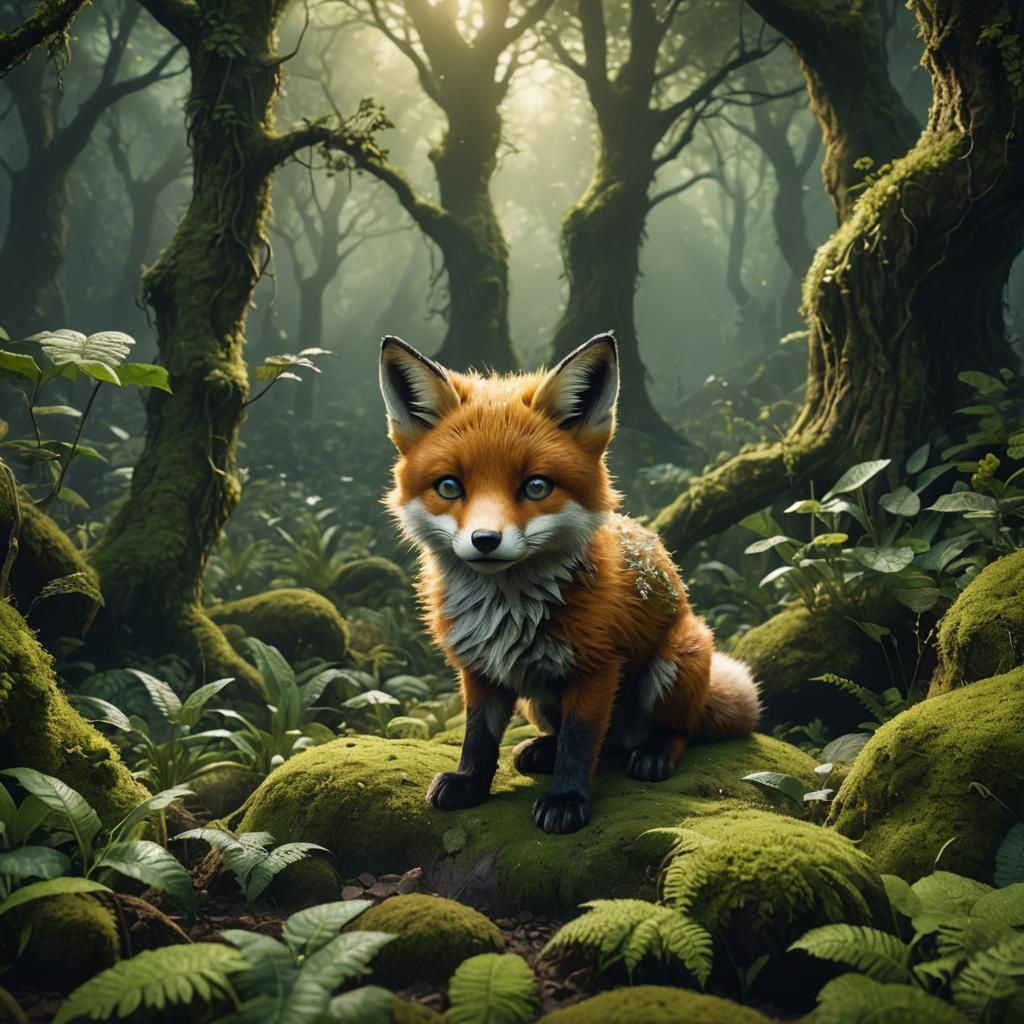 Green Baby Fox in Mystical Forest, Detailed Painting