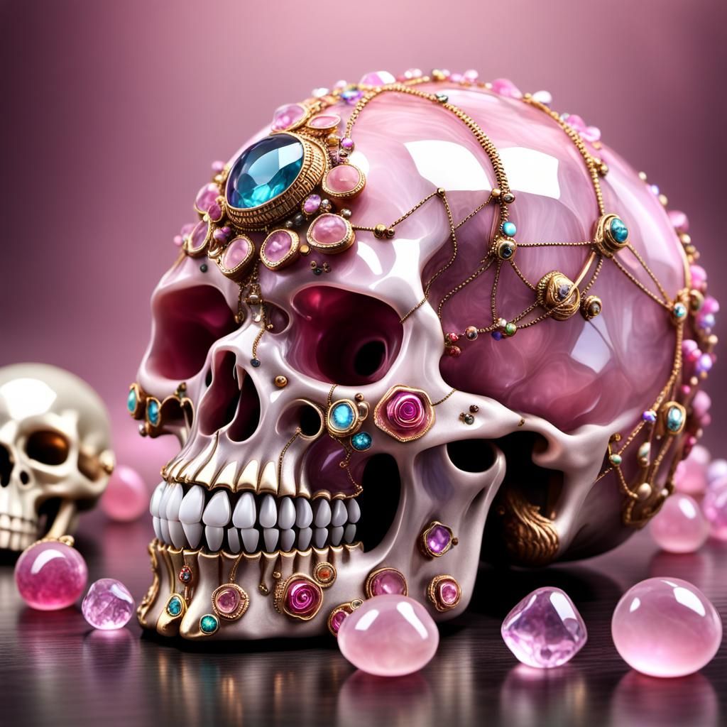 Rose Quartz Skull Adorned with Pink Garnets