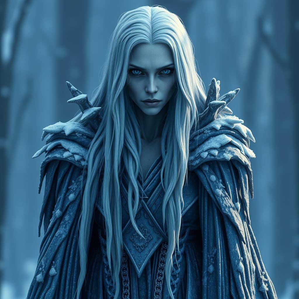 Frost Witch in Tattered Icy Blue Robes, Shrouded in Winter's...