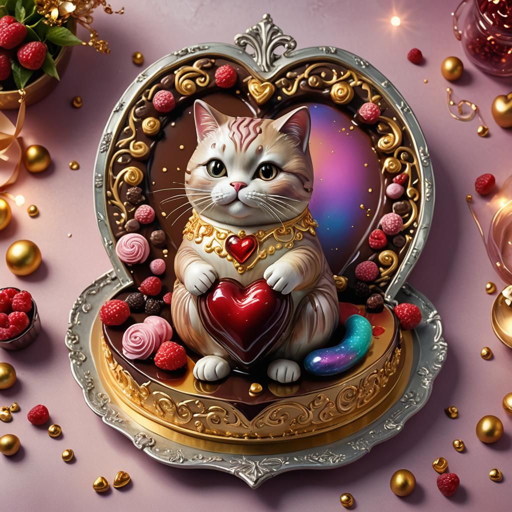 Heart Cake with Cat Figurine, Fantasy Concept Art