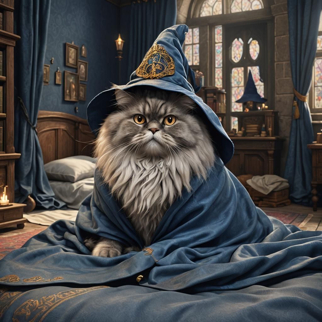 Persian Cat Witch in Hogwarts Dormitory: Surreal Art