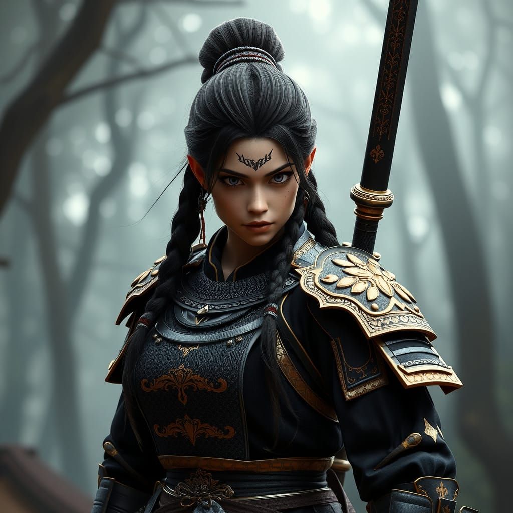 Ethereal Japanese Warrior Goddess in Forest, 3D Cinematic St...
