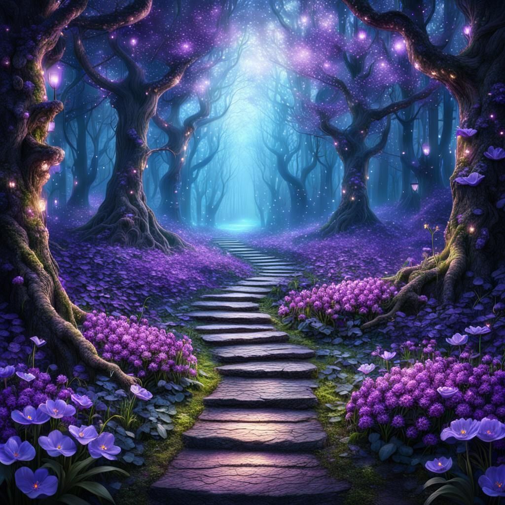 Enchanted Forest with Pixies and Purple Flowers