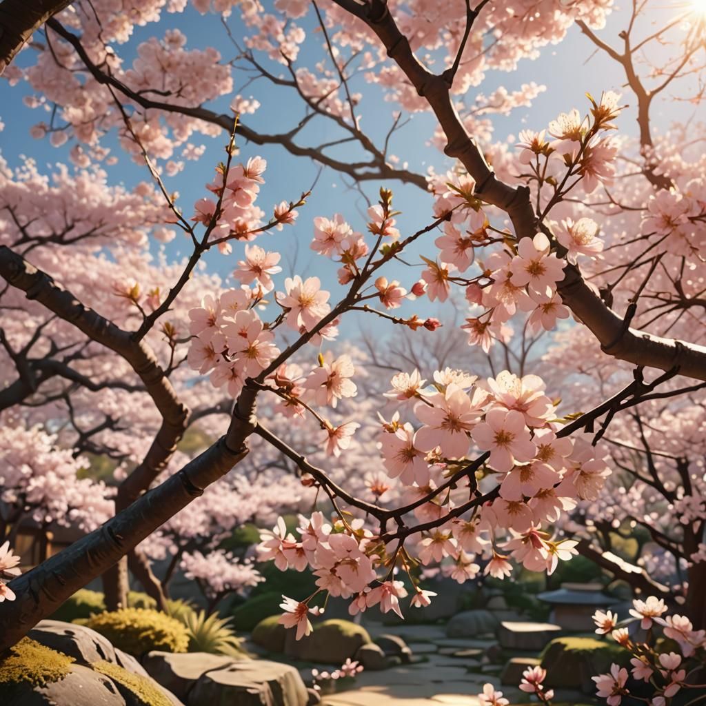 Cherry Blossom Tree in Anime Style Garden