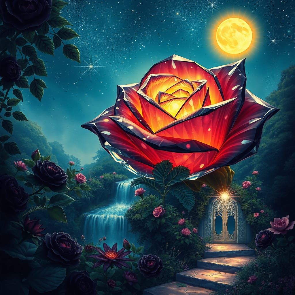 Luminescent Crystal Rose with Hidden Door and Magical Waterf...