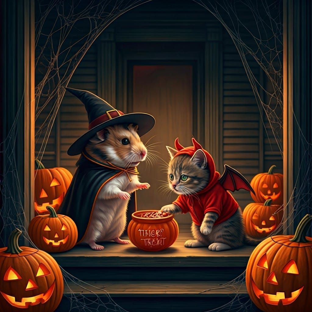 Halloween Hamster and Cat in Spooky Scene