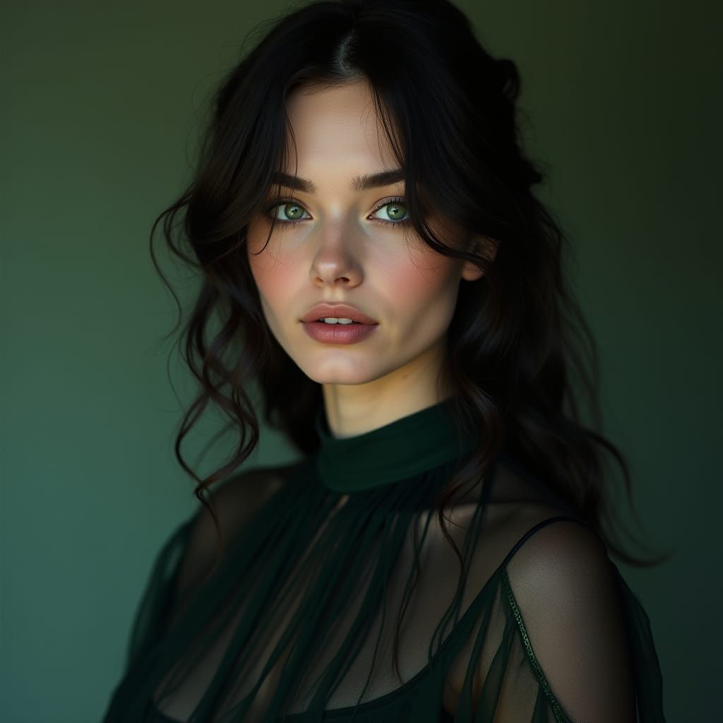 Mysterious Woman with Emerald Eyes in Elegant Gown