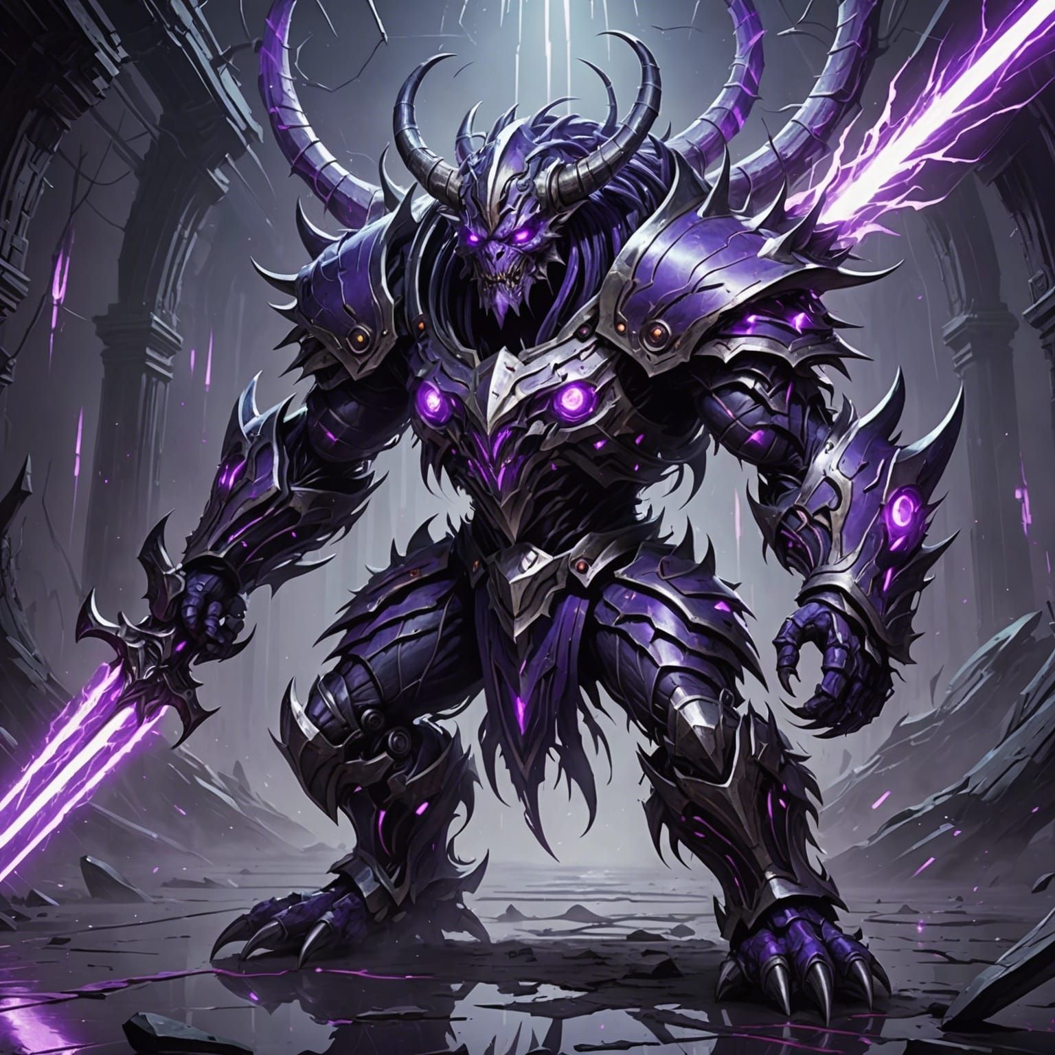 Bladed Mirror Monster in Laser-Filled Cyberpunk Scene