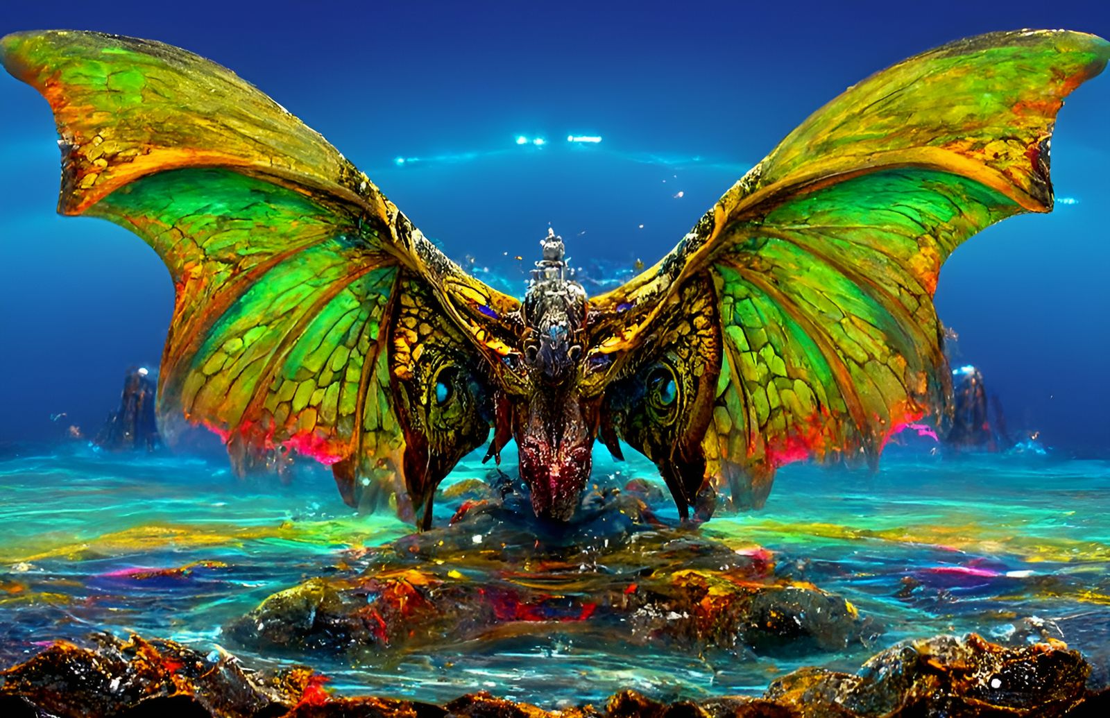 Dragon on Lake in Post-Apocalyptic Impressionist Style