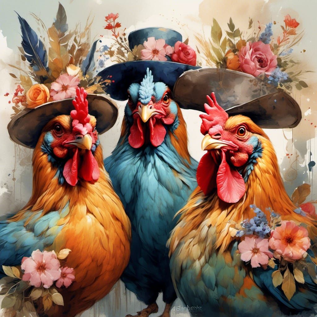 Whimsical Chickens with Hats and Necklaces