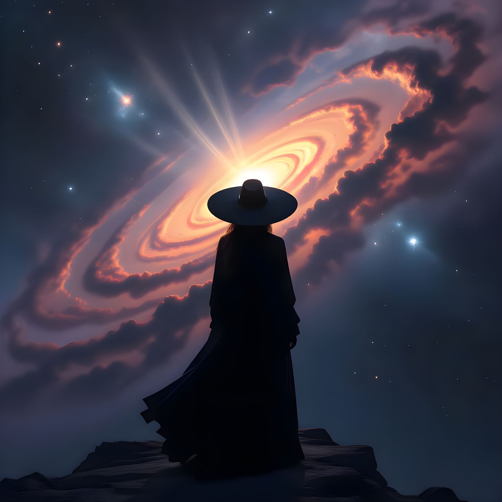 Cosmic Horror Figure With Black Hole Hat Overlooking Galaxy