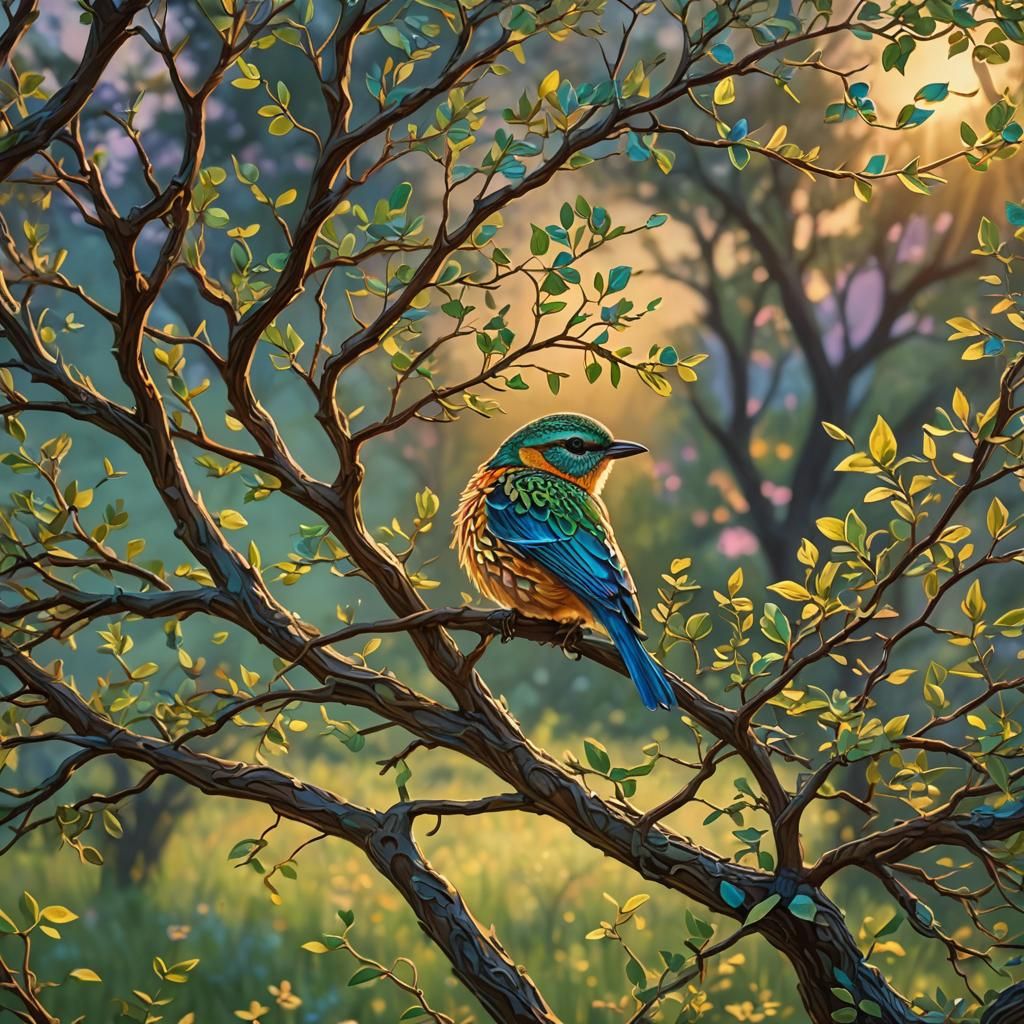 Summer Tree Bird in Vibrant Fantasy Style