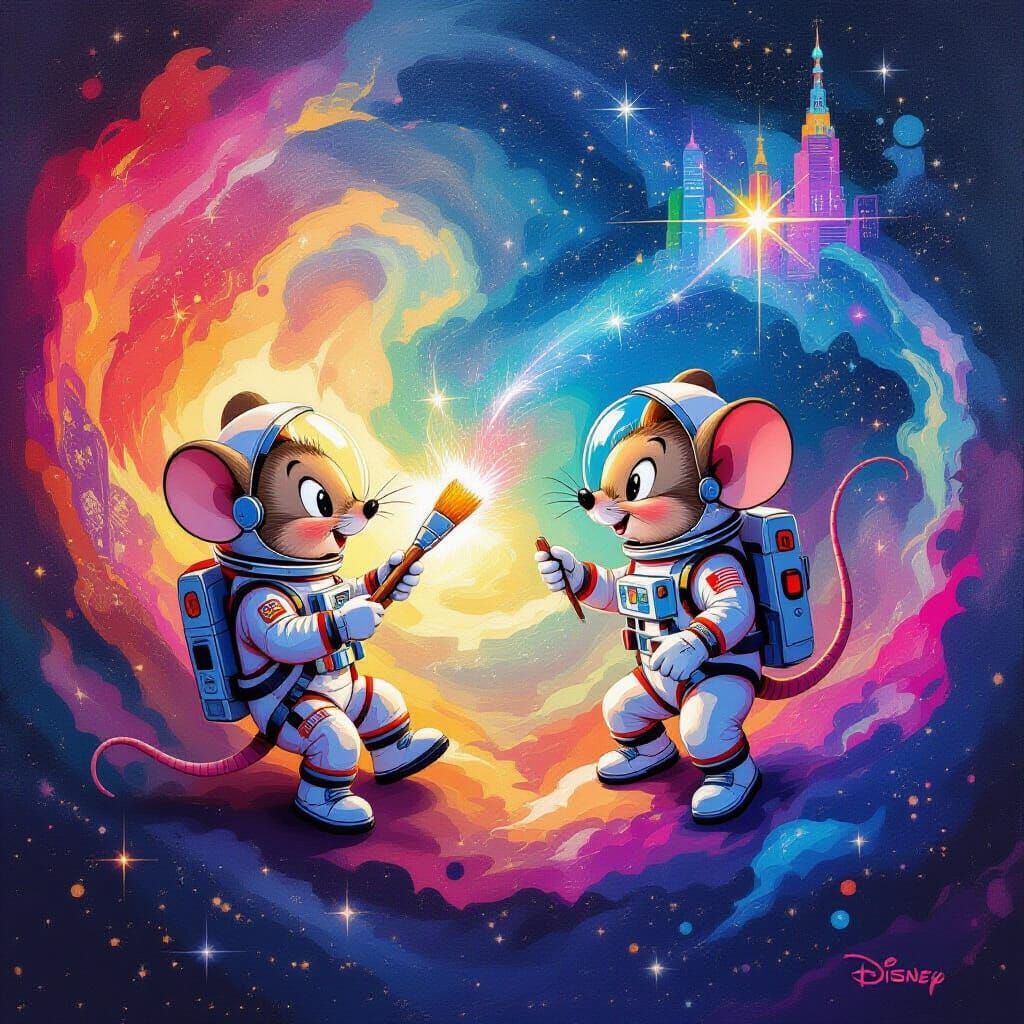 Mice Astronauts in Cosmic Paint Nebula