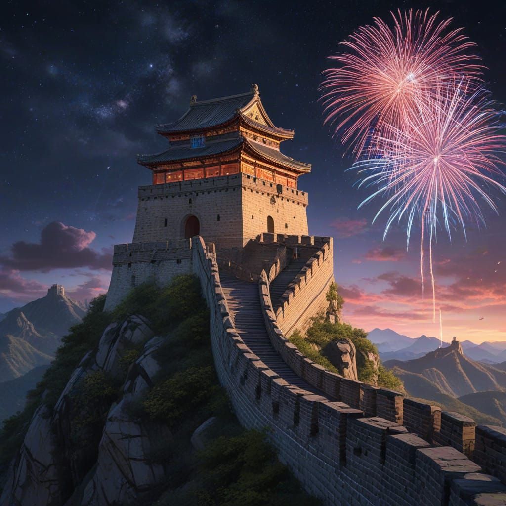 Vibrant Great Wall of China Illuminated by Fireworks
