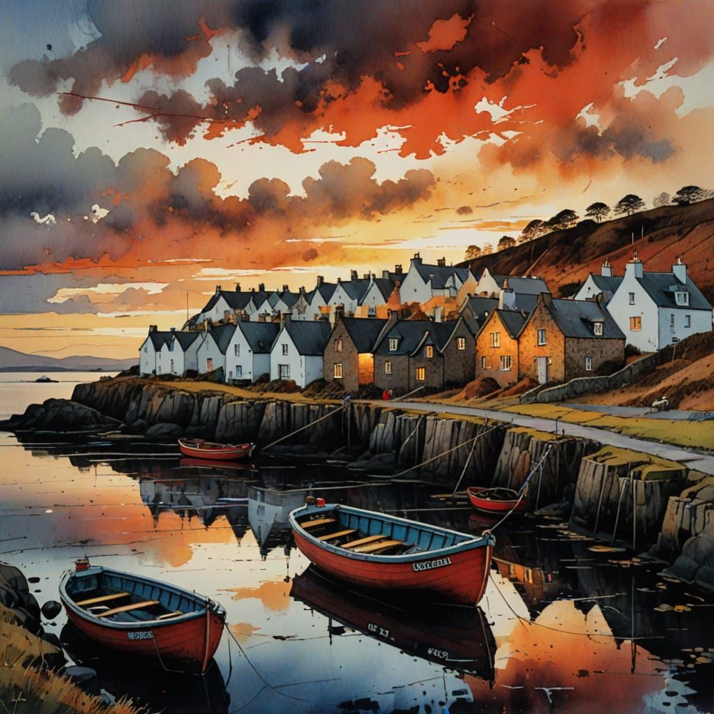Highland Sunset: Watercolor Painting of Scottish Coast