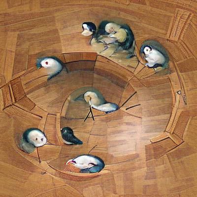 Seven Concerned Birds in Circular Room