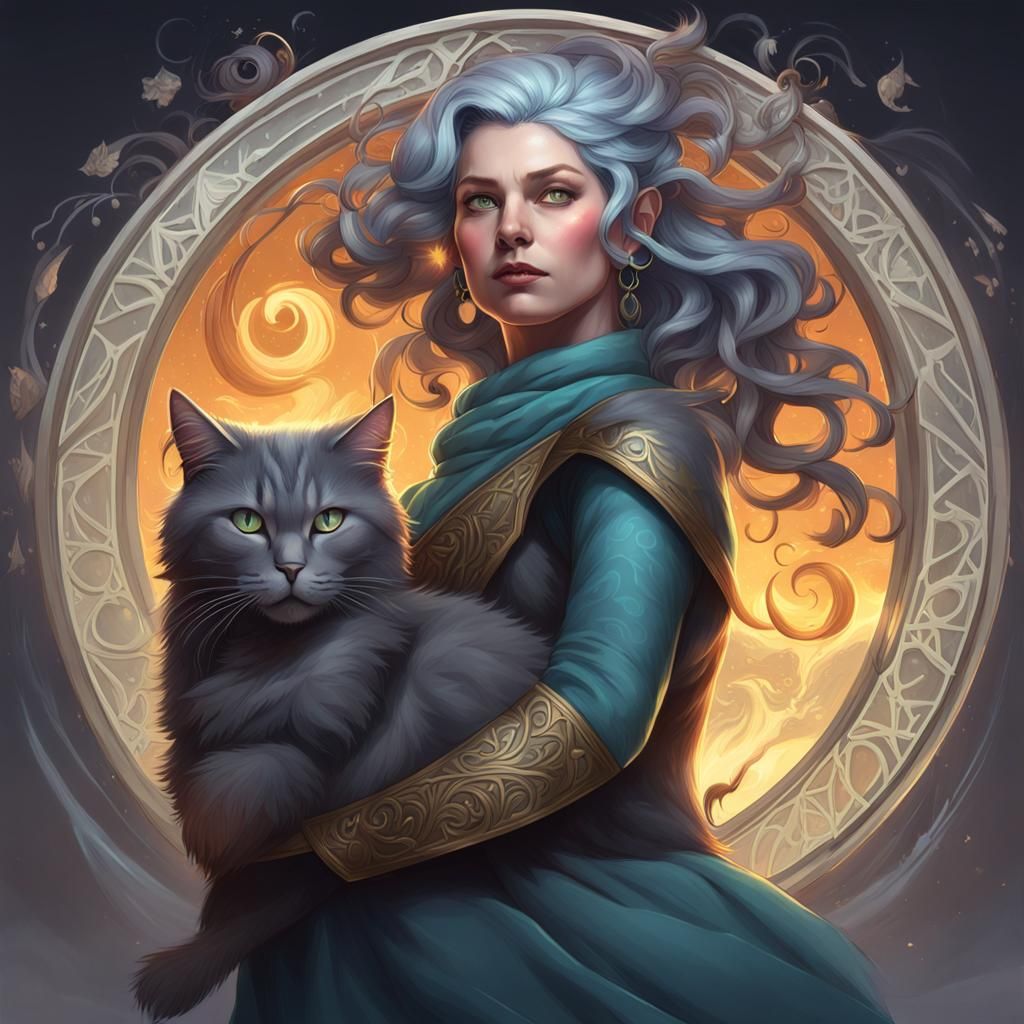 Wiccan Woman and Cat Casting Spell, Digital Art