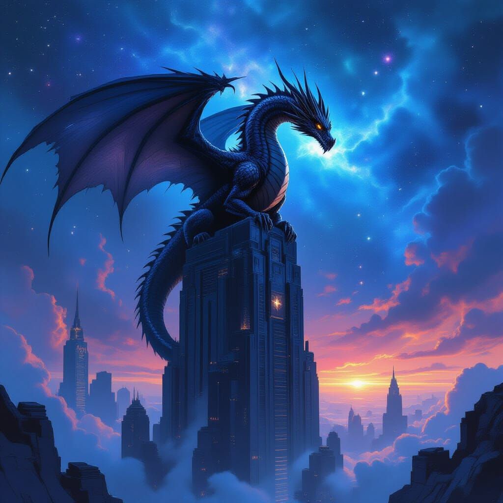 Obsidian Dragon on Skyscraper in Nebula Sky