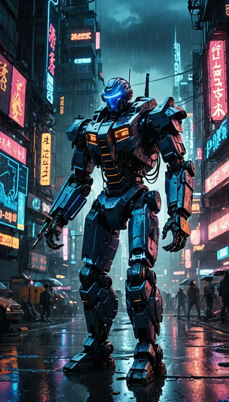 Cyberpunk Warrior Robot Defends Base in Neon City