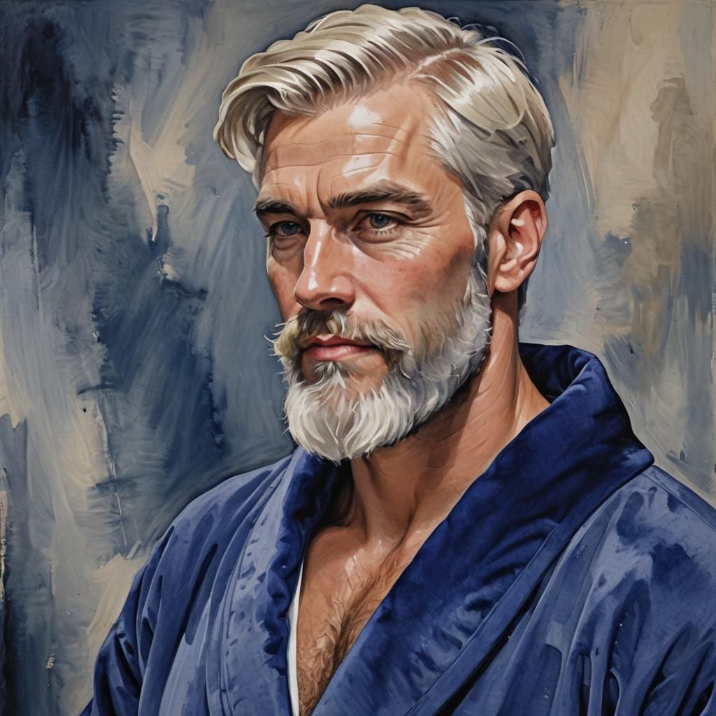 Handsome Man in Blue Velvet Robe as Impasto Painting